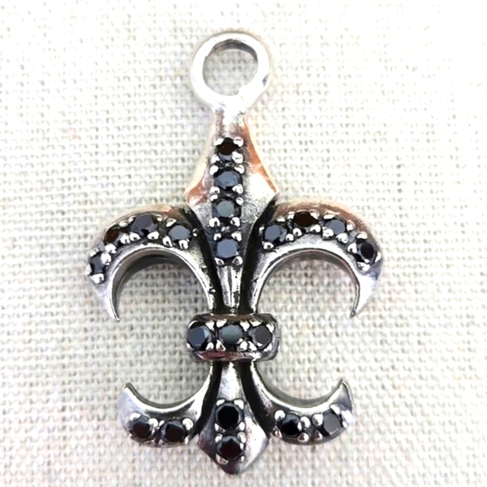 Sterling Silver Fleur-De-Lis Pendant With Black Crystals